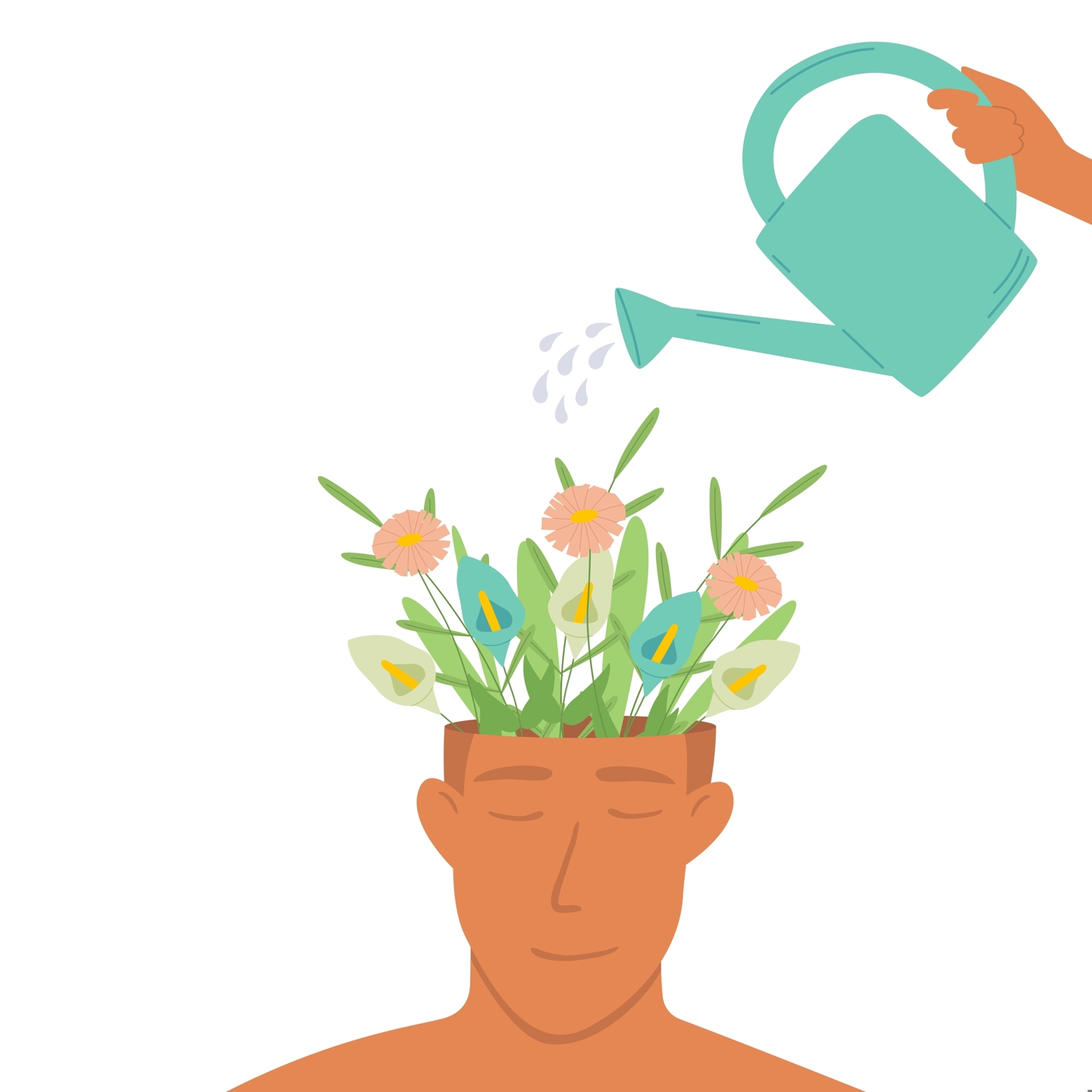 Graphic of flowers growing from a persons head being watered