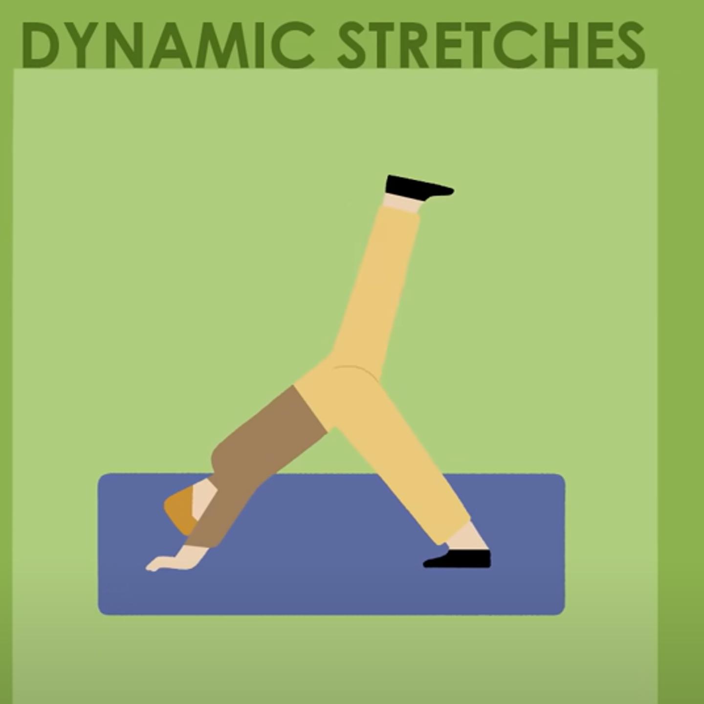 Graphic showing someone stretching on a mat with the wording 'Dynamic Stretches'