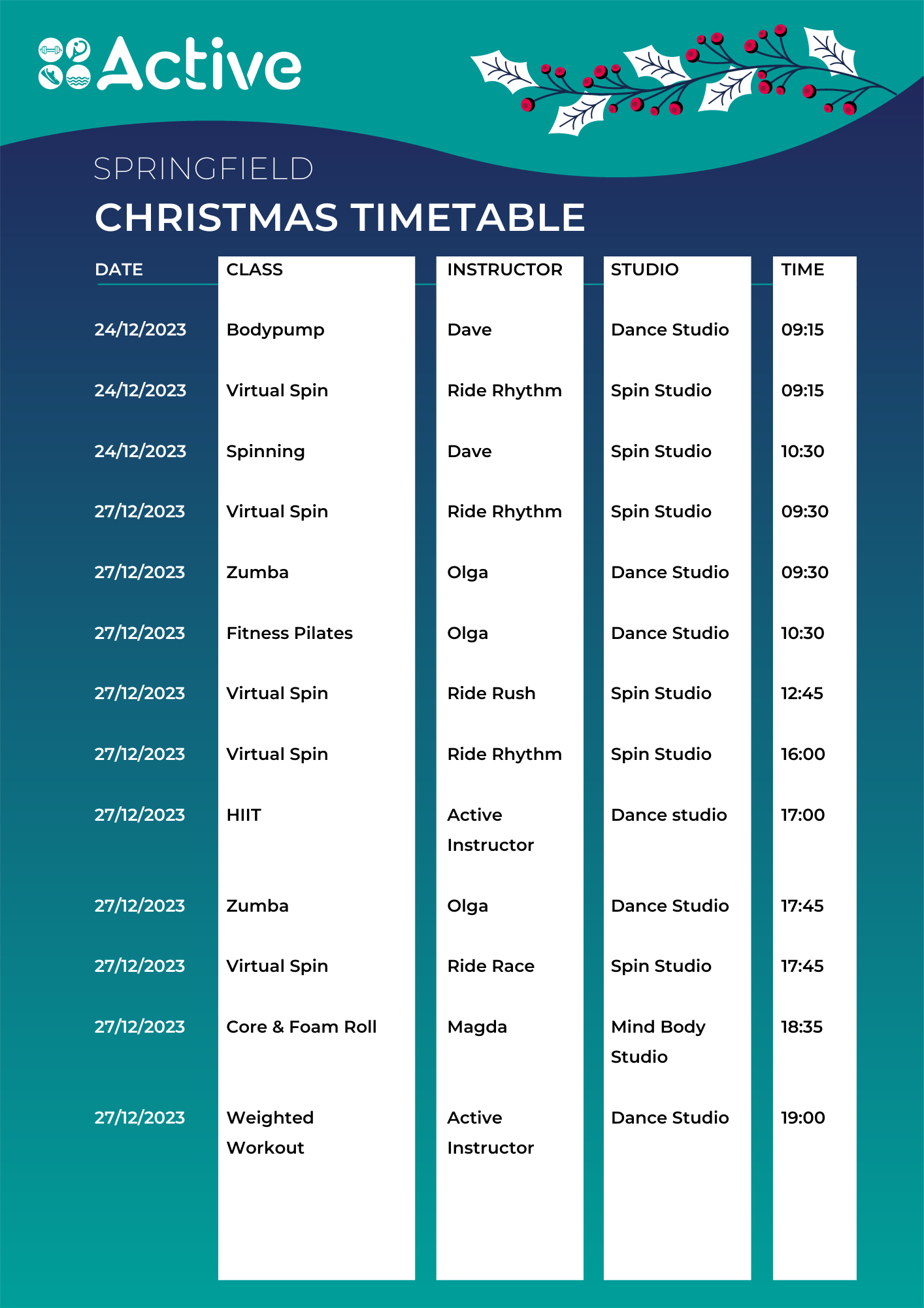 Graphic of the festive class timetable
