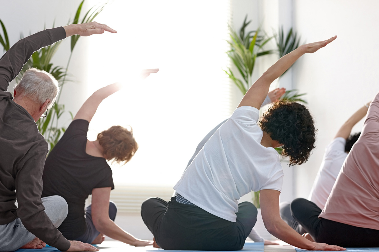 People doing yoga, their backs are towards the camera with one arm in the air leaning over