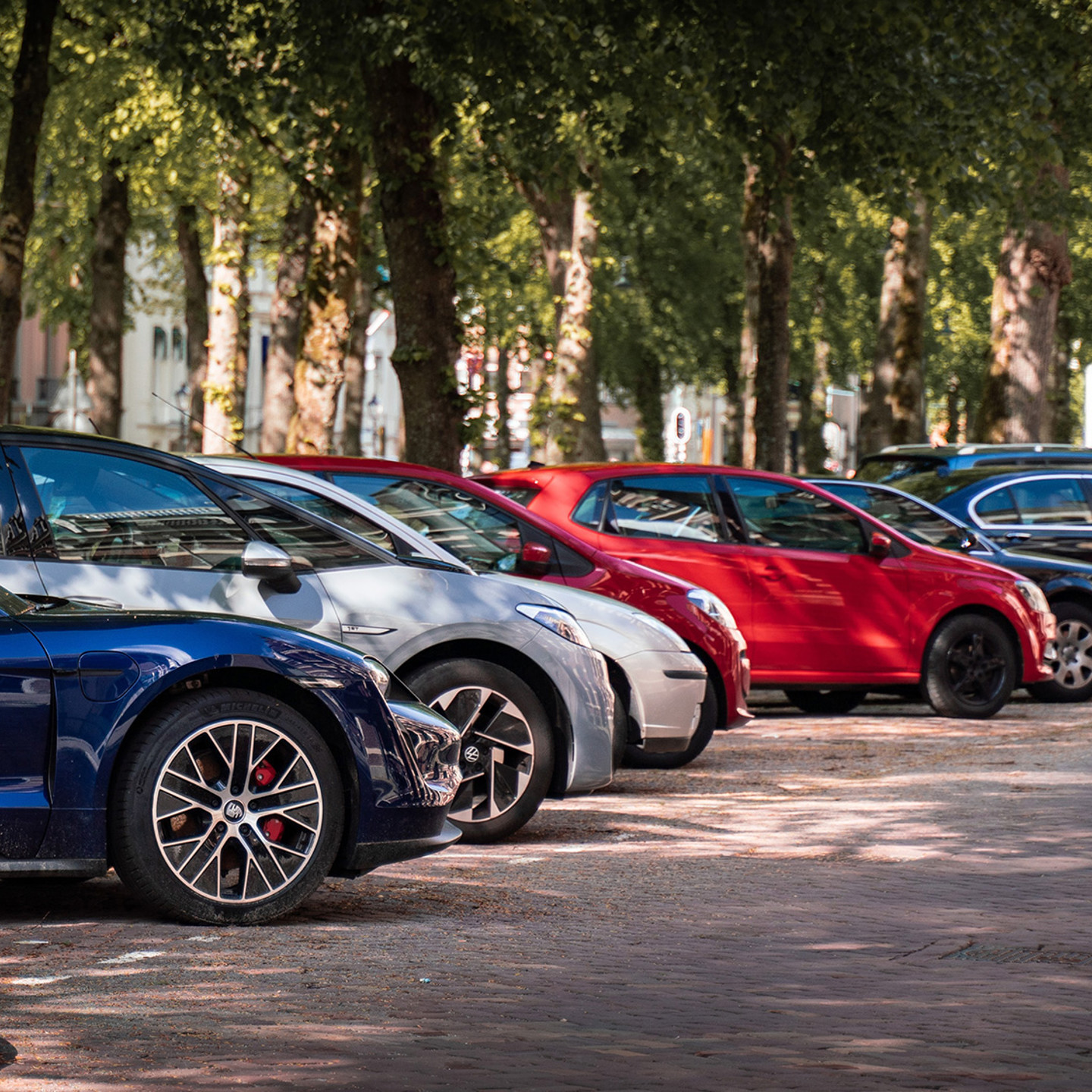 Cars parked in shadow of trees