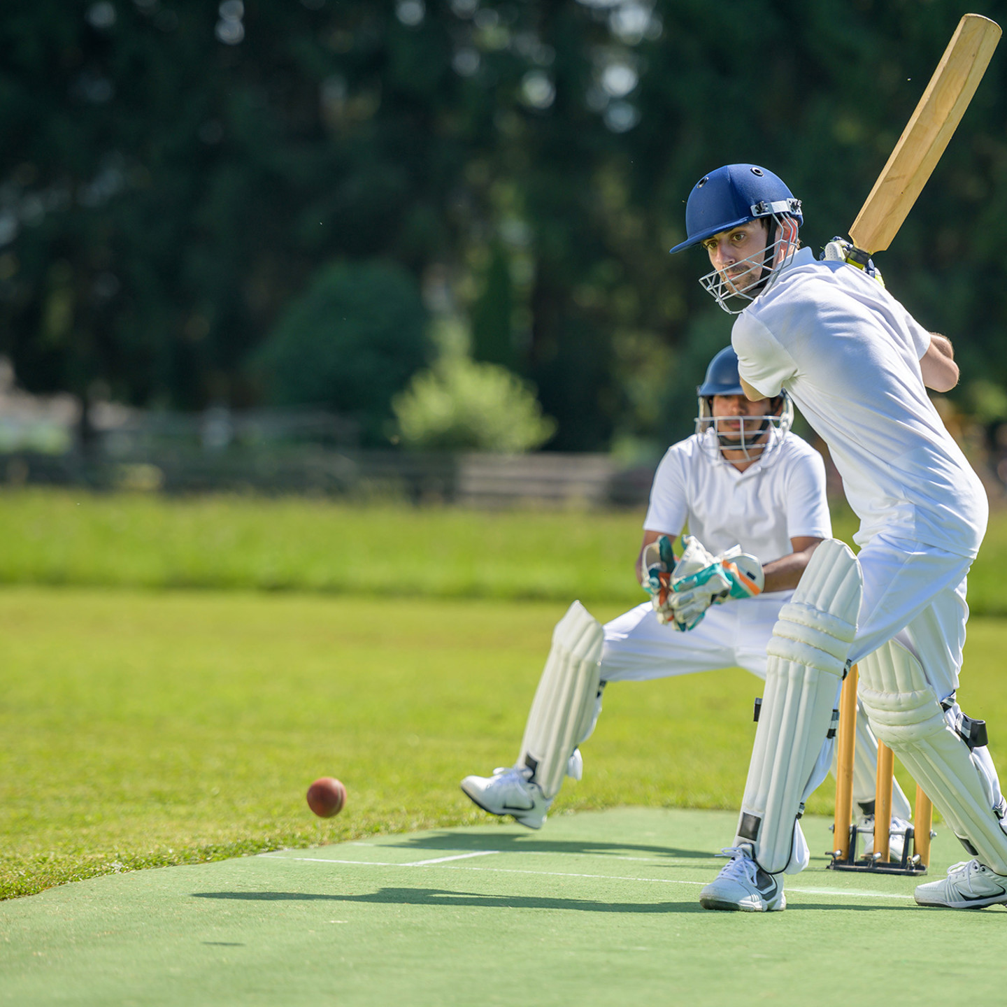 Men playing cricket outside on some grass