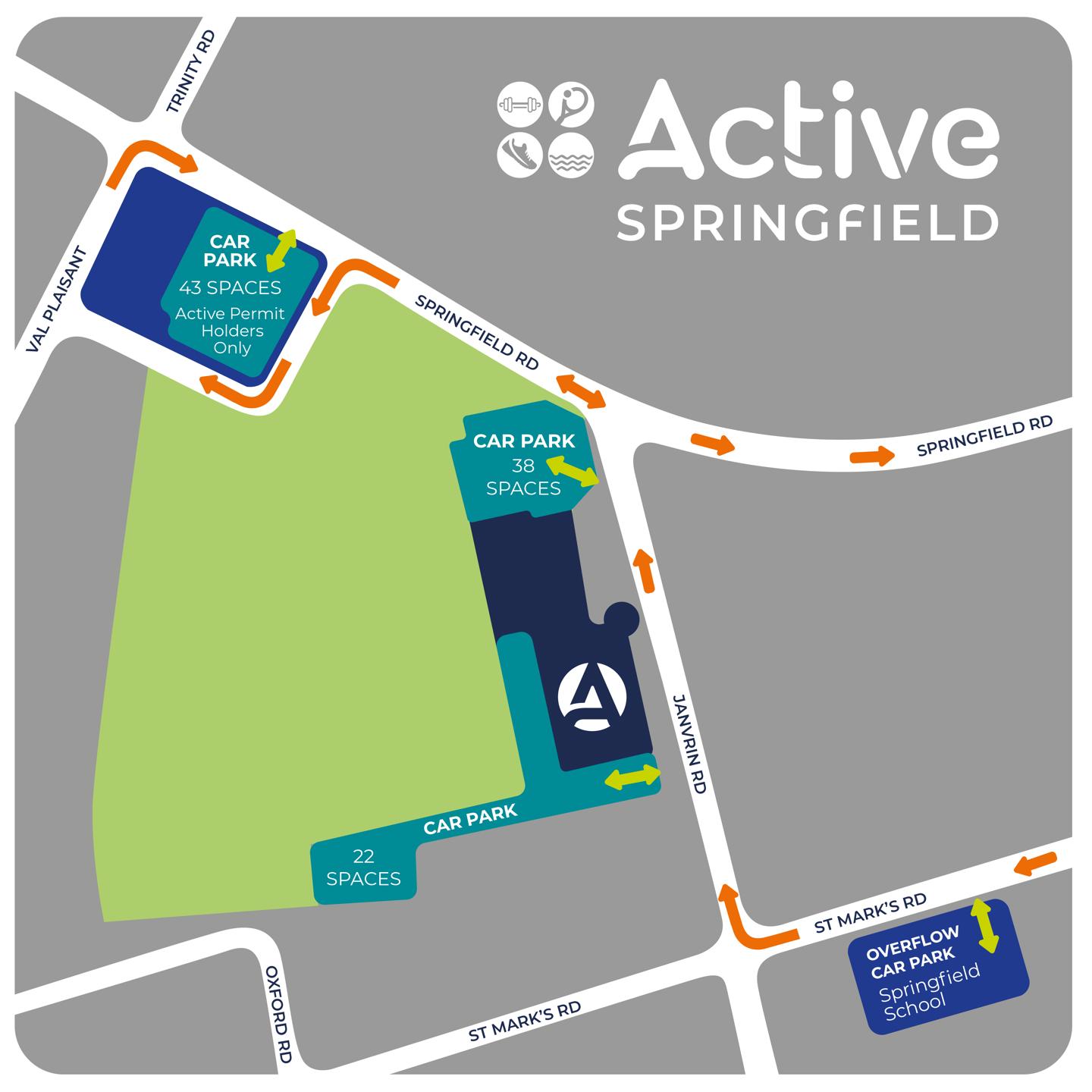Image showing the three parking areas available to park in to use the Springfield Stadium and Gym