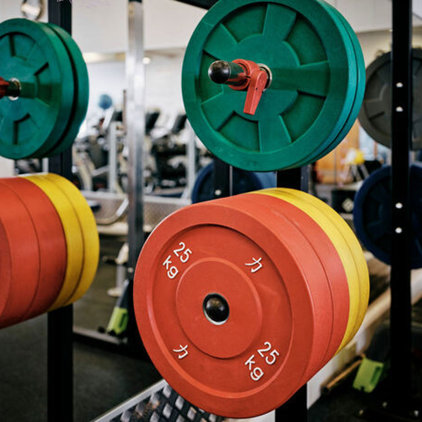 Barbells and weights in a gym environment