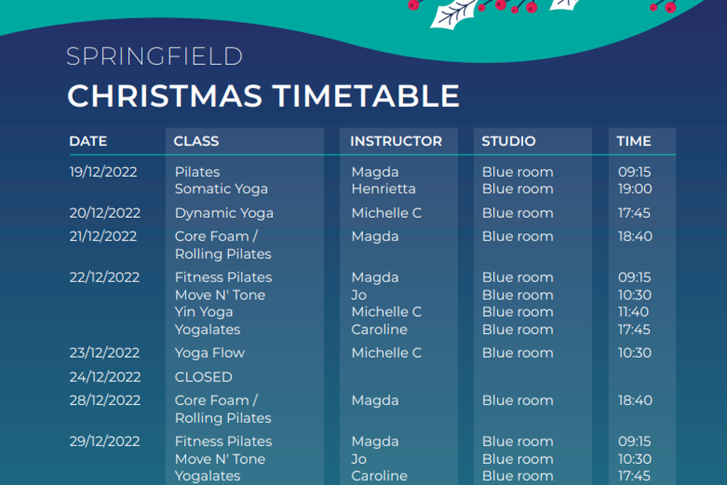 Active Springfield Christmas Timetable