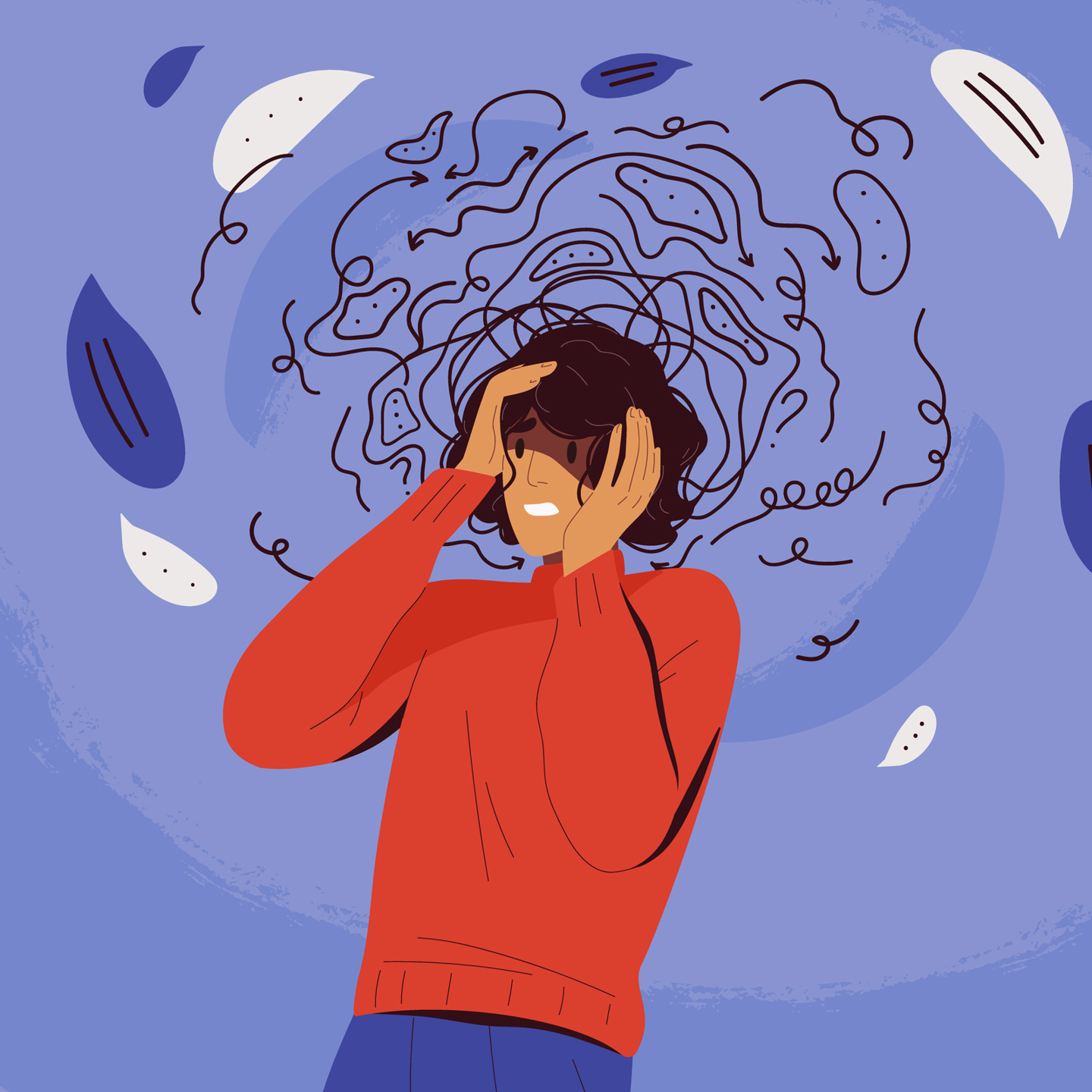 Graphic on a purple background, showing a person in an orange top stressed