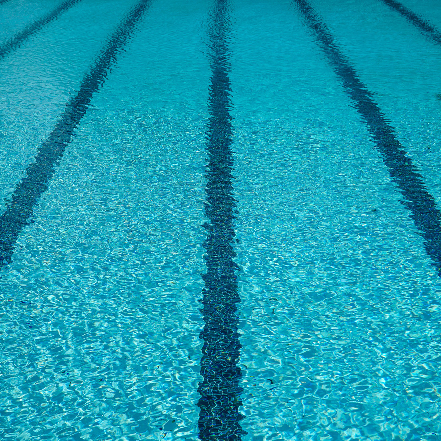 Photo of a swimming pool showing the blue of the water and the lane swimming lines on the tiles of the pool