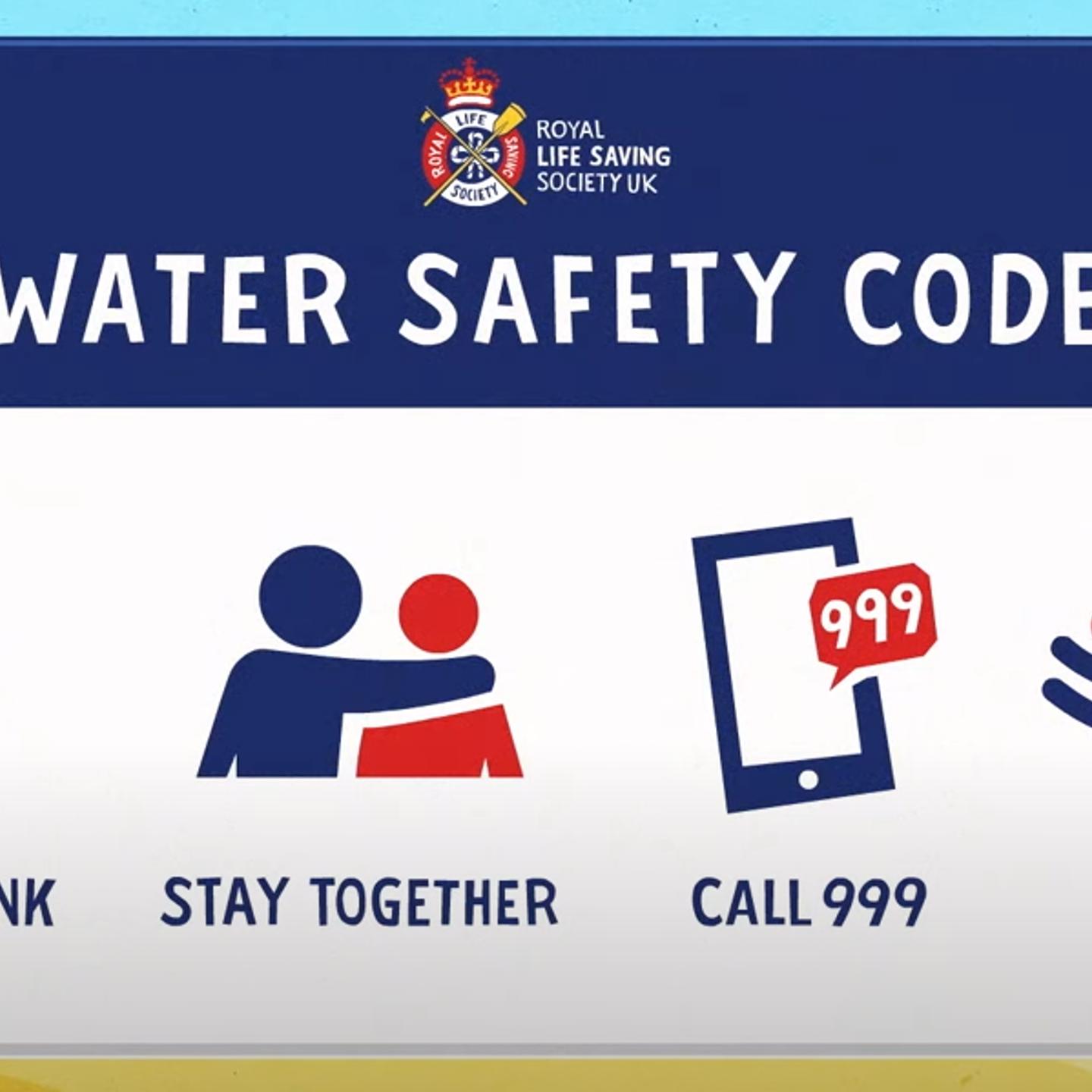 Graphic showing the water safety code: Stop and Think, Stay Together, Call 999, Float
